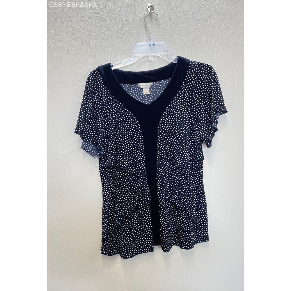 Christopher & Banks Women's Ruffled‎ Polka Dot V-Neck Short Sleeve Top - Size L